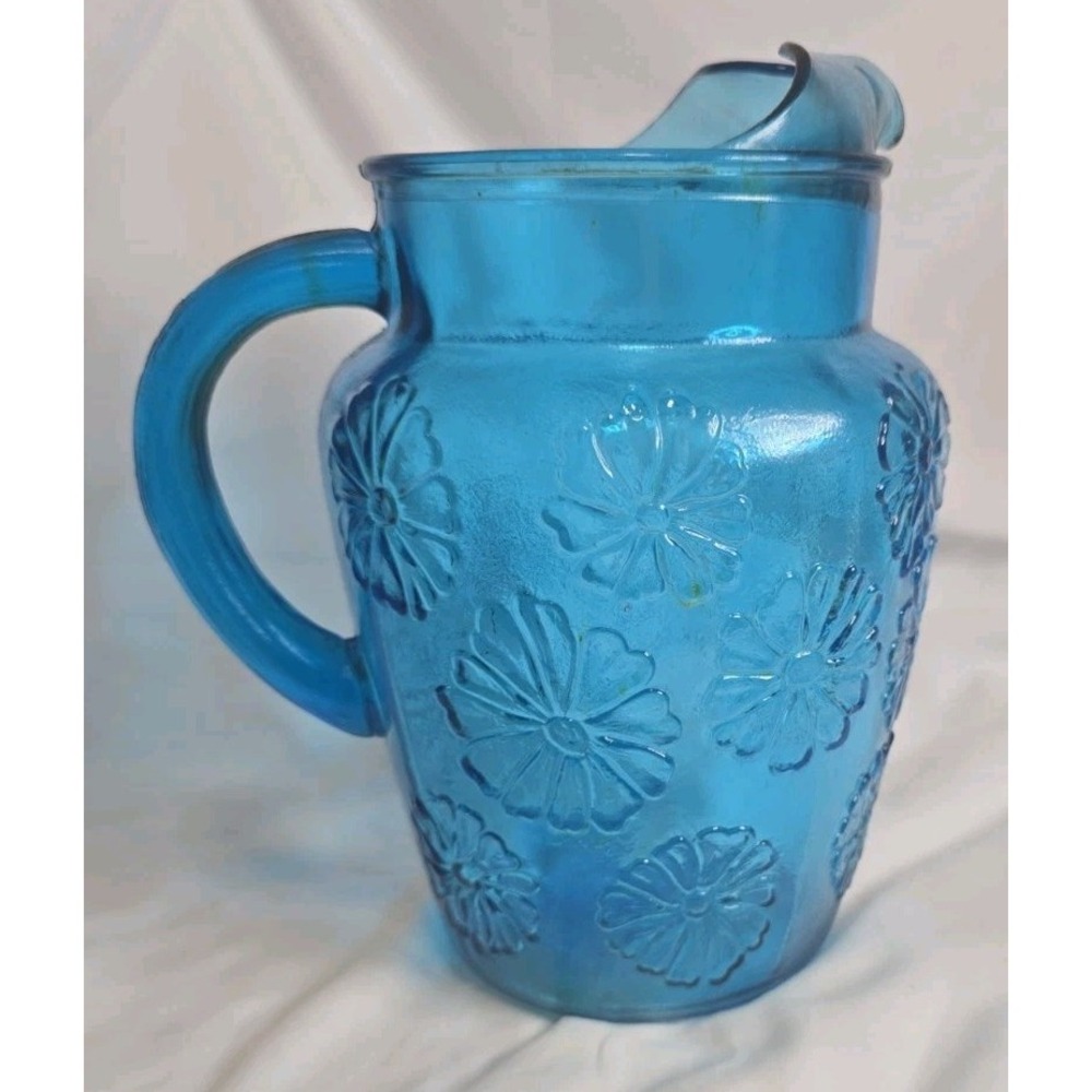 Vintage Anchor Hocking"Spring Song" Laser Blue Glass Ice-Lip Pitcher 1960s-1970s